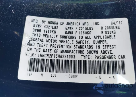 2017 Honda Accord Sport Se z USA, uszkodzony, nr VIN 1HGCR2F15HA221003